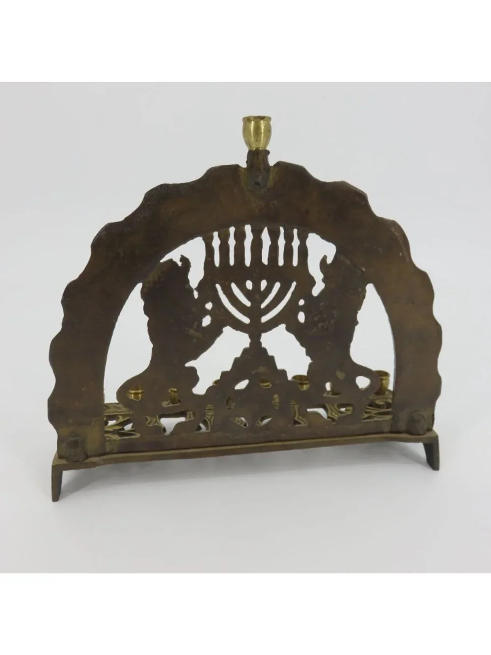 VTG Brass Metal 12 Tribes With Lions Menorah Chanukkah Hanukkah Candle Holder
